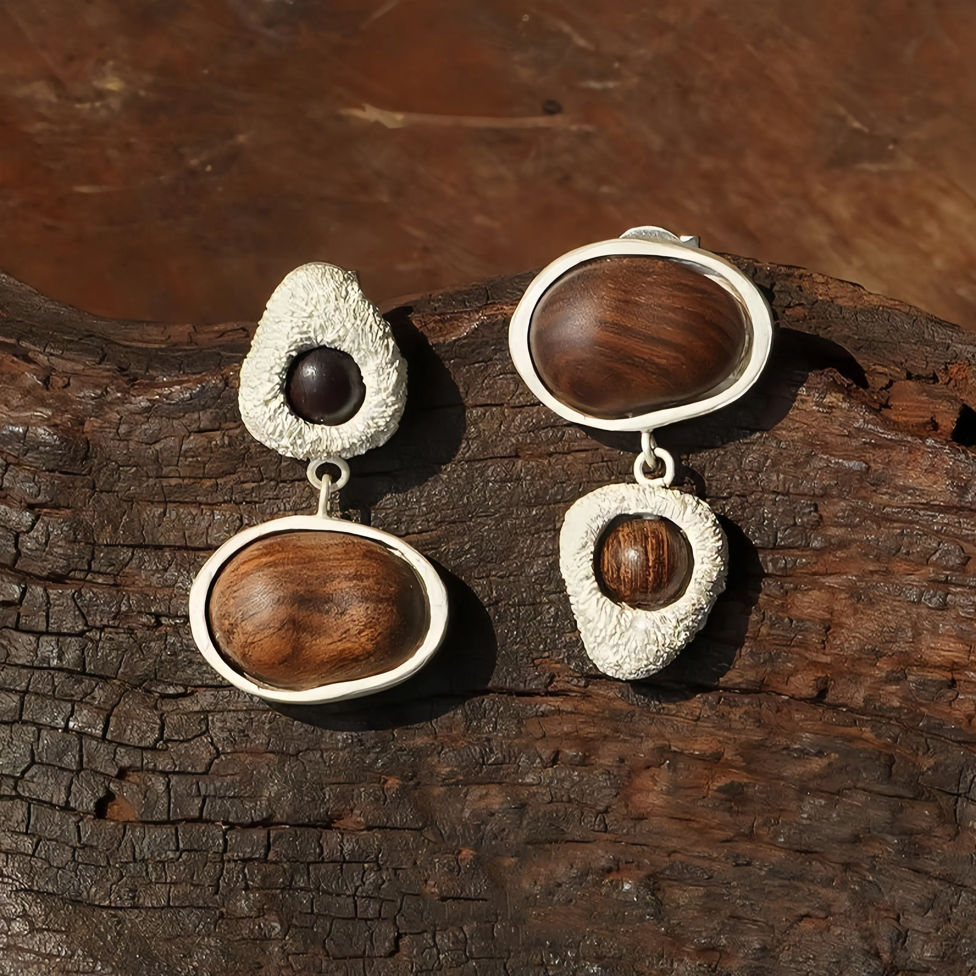 Vintage Silver Inlaid Wooden Geometric Earrings