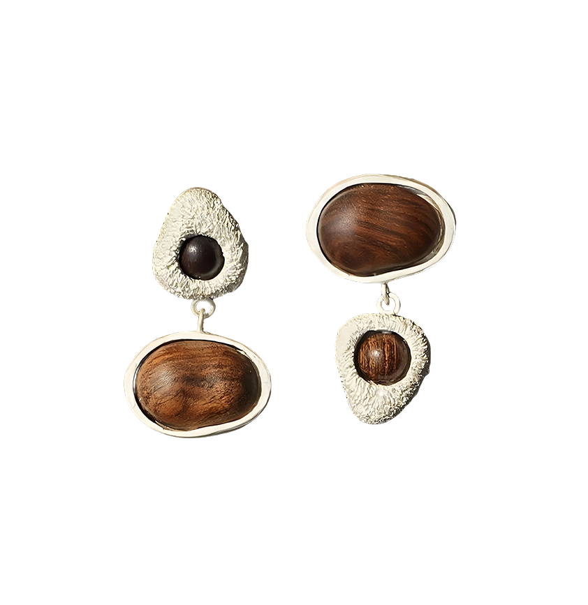 Vintage Silver Inlaid Wooden Geometric Earrings