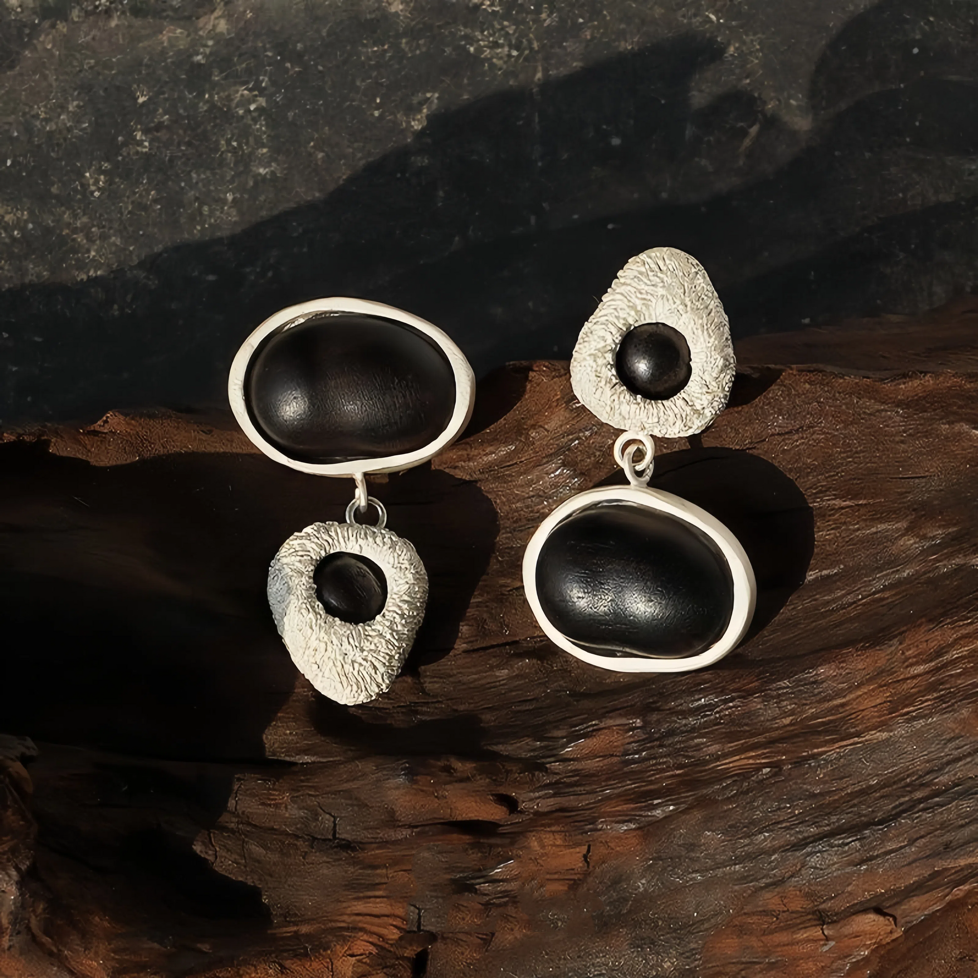 Vintage Silver Inlaid Wooden Geometric Earrings