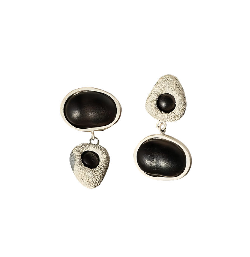 Vintage Silver Inlaid Wooden Geometric Earrings