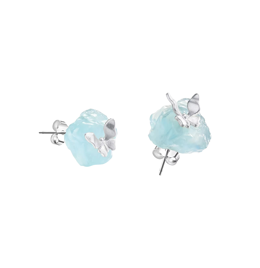 Aquamarine Raw Crystal Silver-Plated Butterfly Stud Earrings