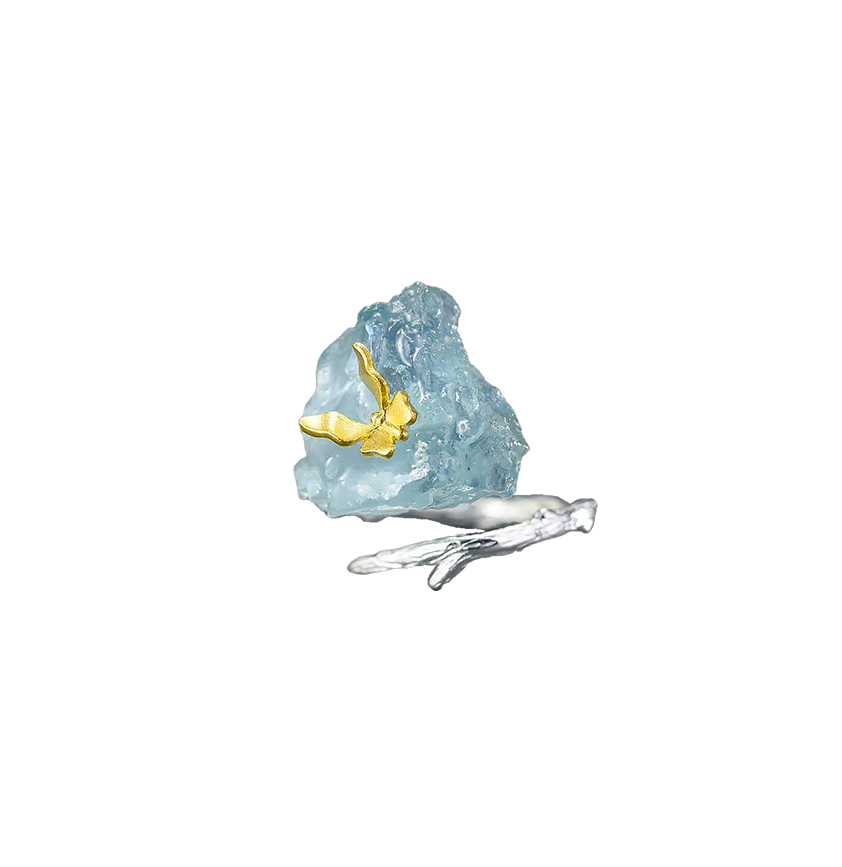 Aquamarine Raw Crystal Silver Butterfly Ring
