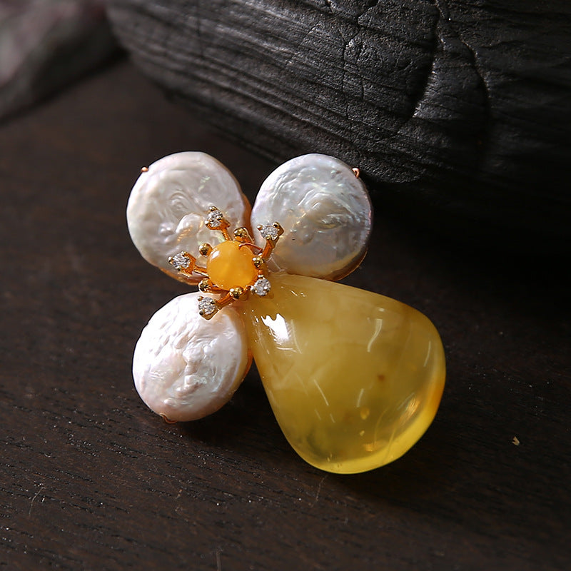 Baroque Pearl and Amber Clover Pendant Brooch