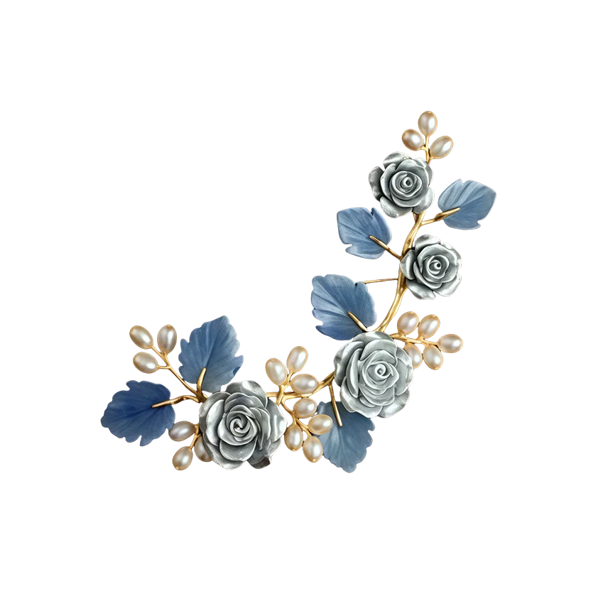 Blue Rose Pearl Brooch