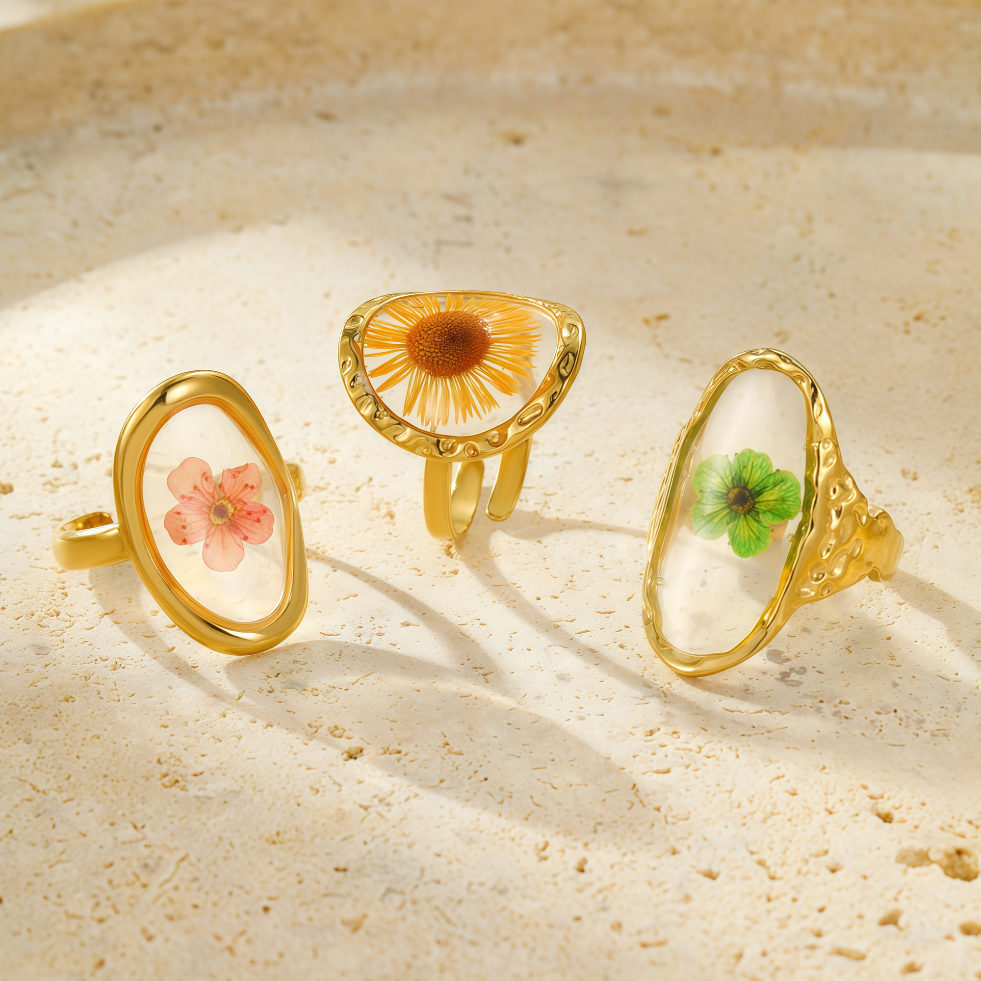 Green Flower Botanical Specimen Ruffled Ring