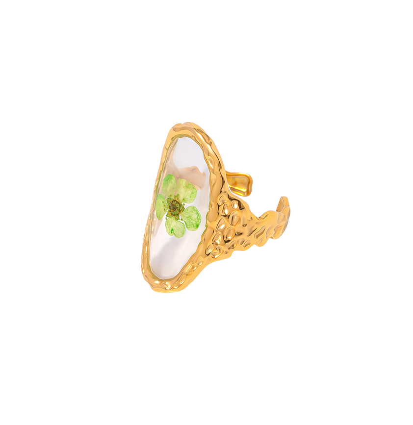 Green Flower Botanical Specimen Ruffled Ring