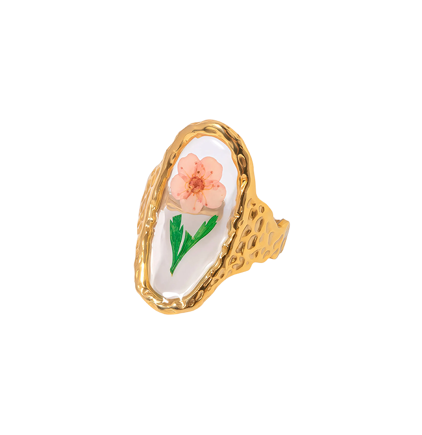 Pink Flower Botanical Specimen Ruffled Ring