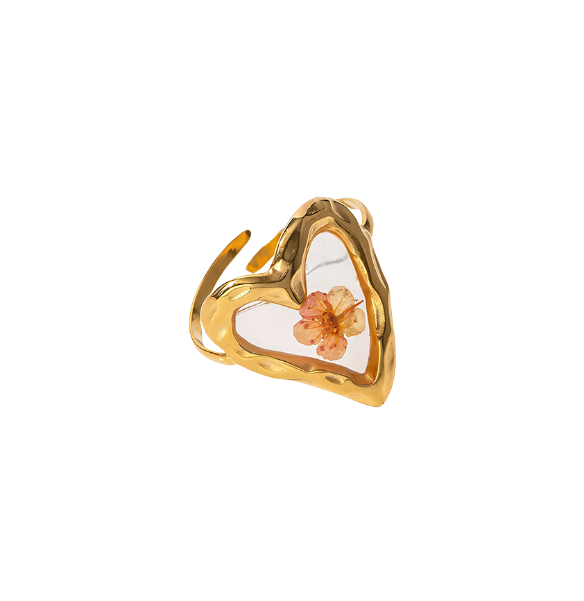 Pink Flower Heart-Shaped Botanical Specimen Ring