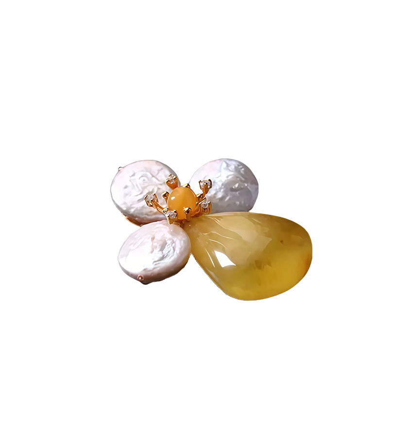 Baroque Pearl and Amber Clover Pendant Brooch