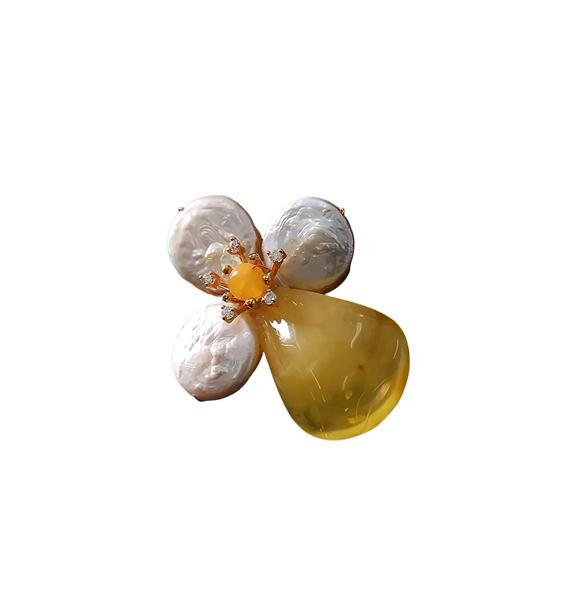 Baroque Pearl and Amber Clover Pendant Brooch