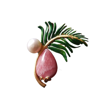 Rhodonite Pearl and Enamel Green Feather Fan Pendant Brooch