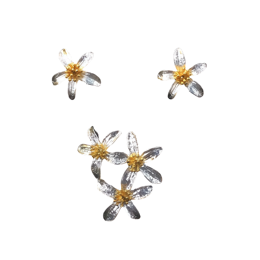 Silver Flower Brooch and Earring Set