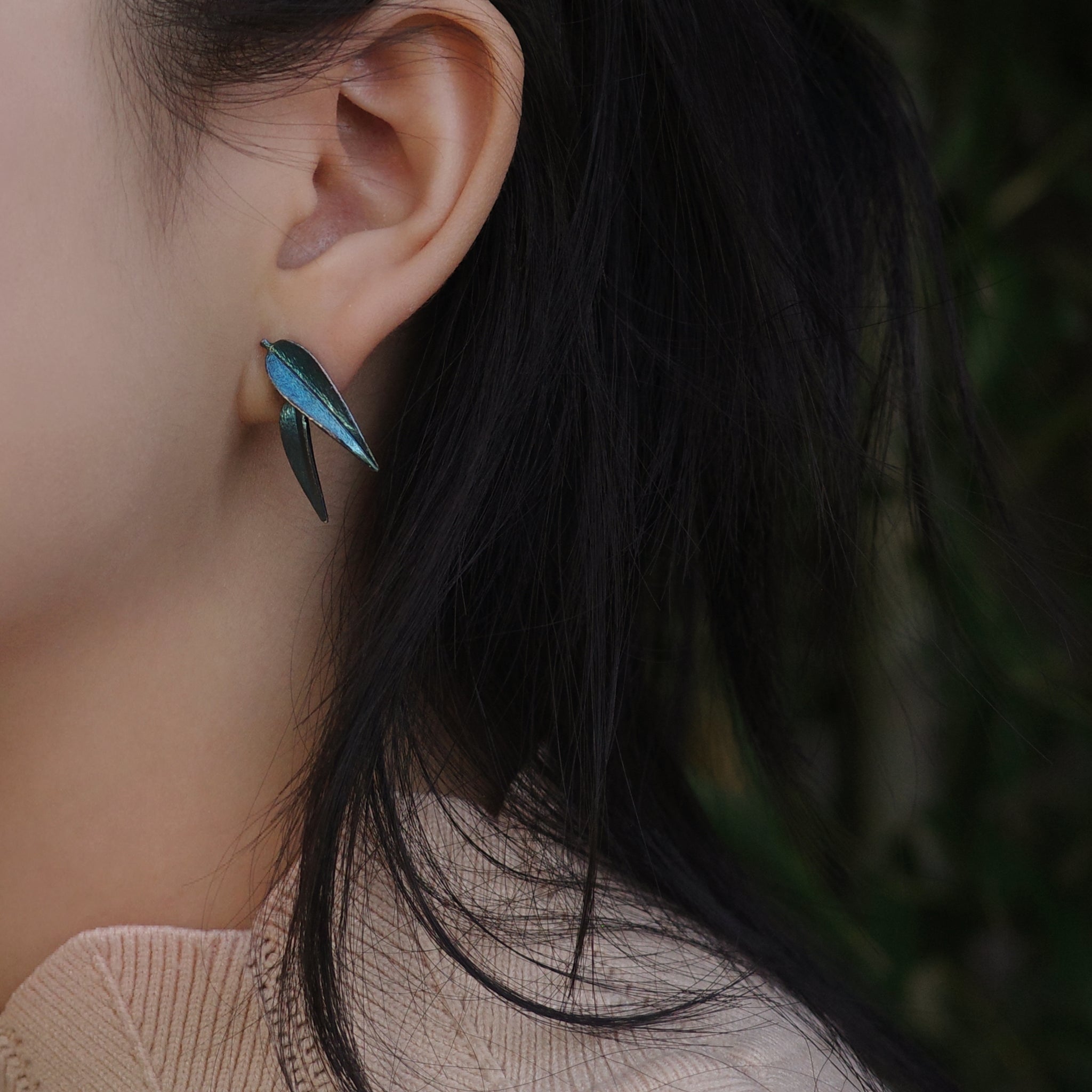 Silver Bamboo Shadow Blue Earrings handcrafted jewelry handmade