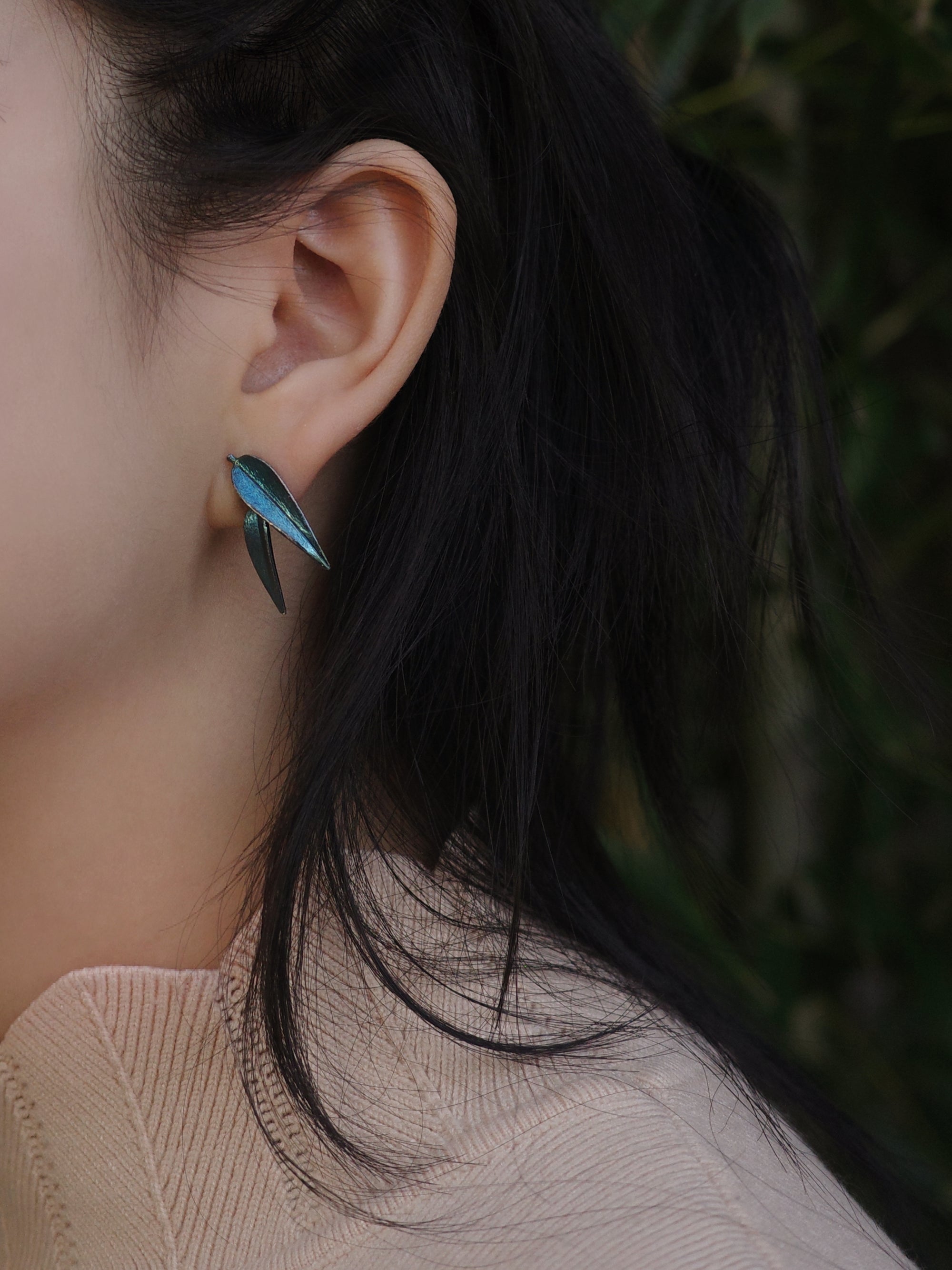 Silver Bamboo Shadow Blue Earrings handcrafted jewelry handmade