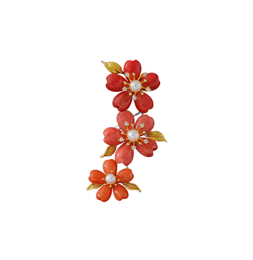 Red Jade and Pearl Cherry Blossom Brooch