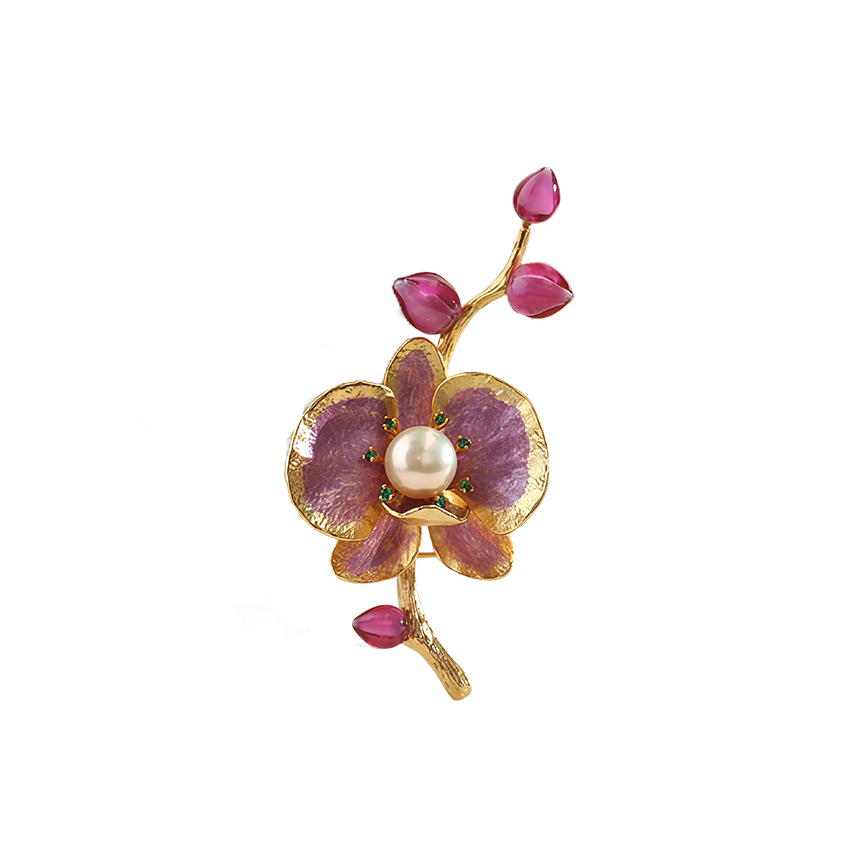 Pearl Enamel Orchid Pendant-Brooch