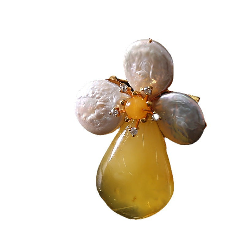 Baroque Pearl and Amber Clover Pendant Brooch