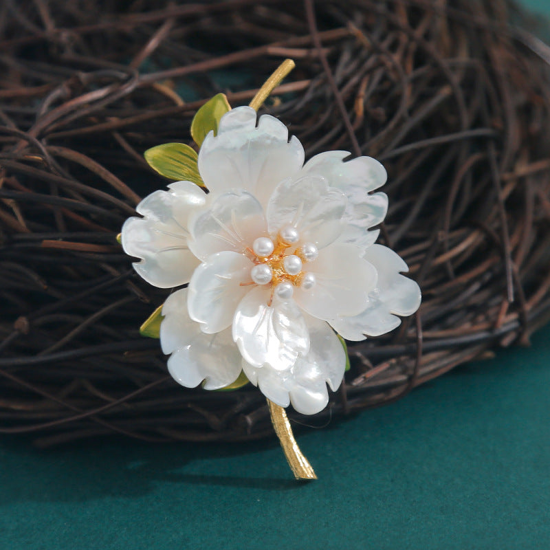 Mother-of-Pearl and Pearl Gold-Plated Brooch