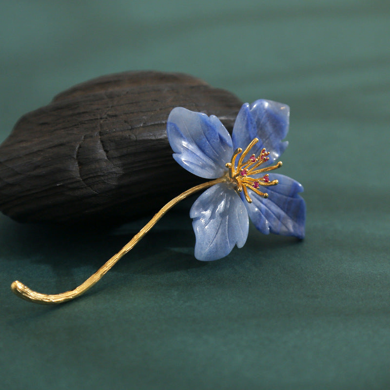 Blue Agate Flower Brooch