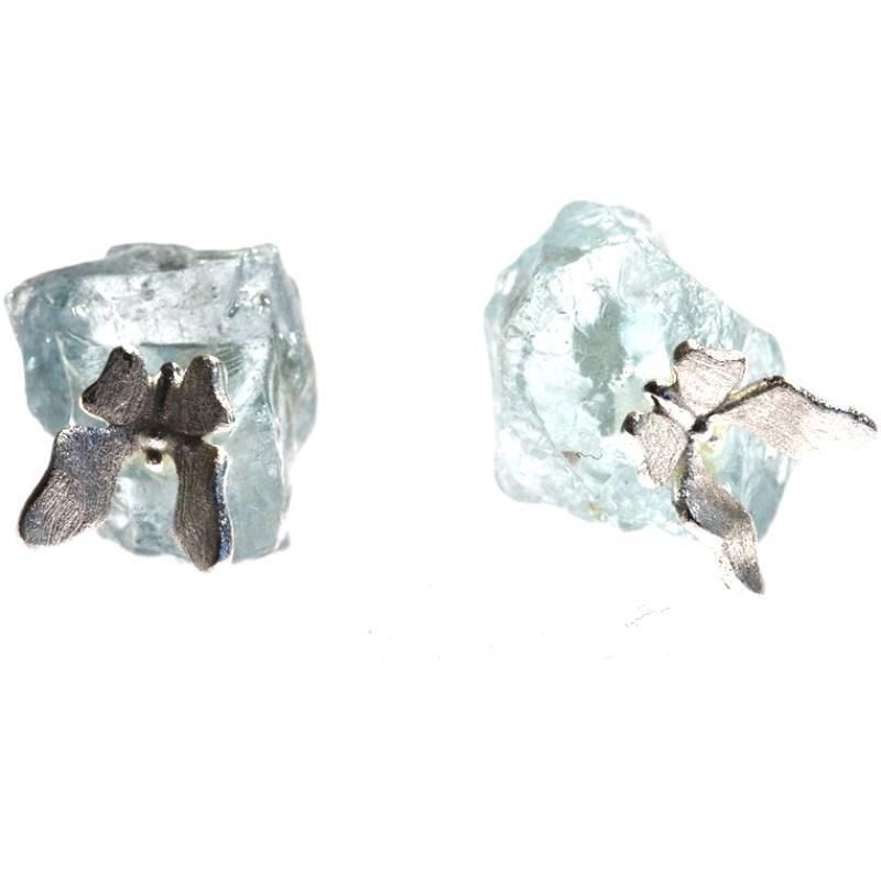 Aquamarine Raw Crystal Silver-Plated Butterfly Stud Earrings