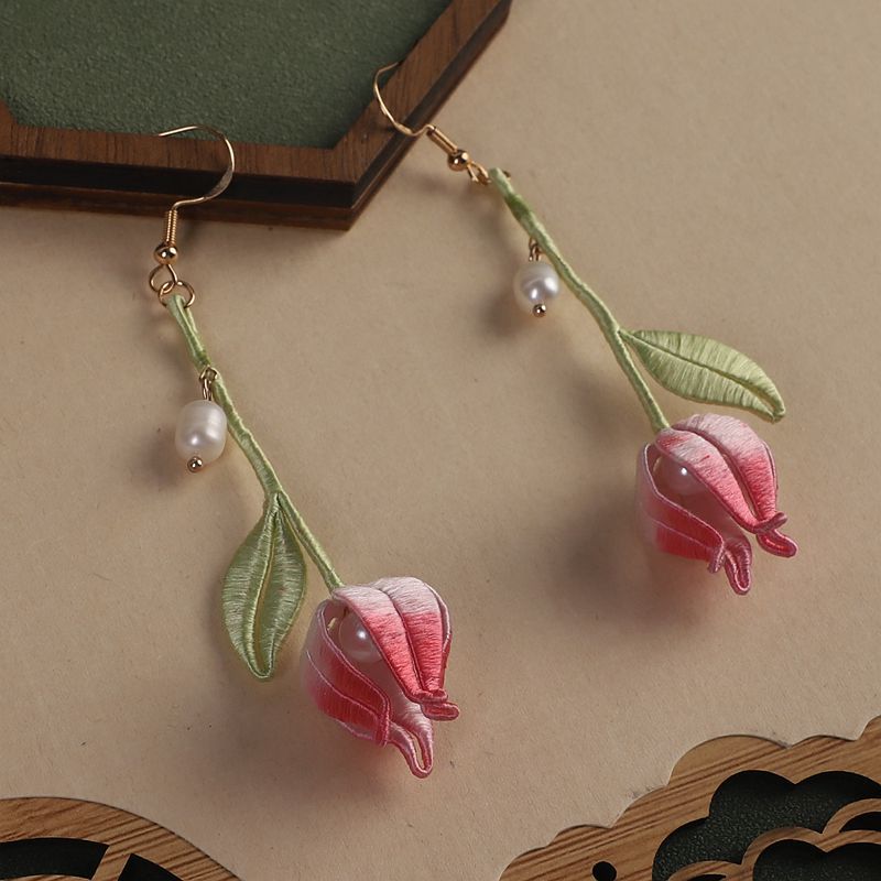 Handcrafted Twisted Flower Silk Pearl Lily of the Valley Earrings