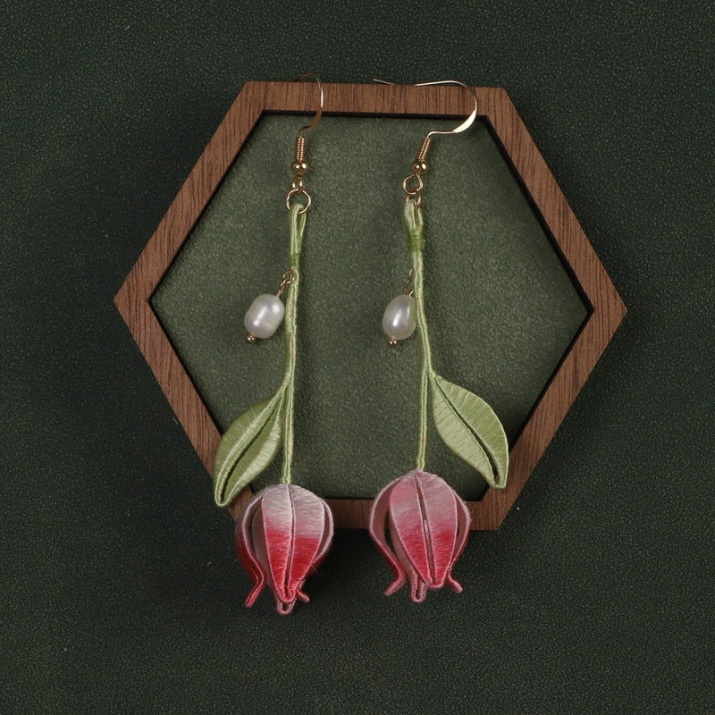 Handcrafted Twisted Flower Silk Pearl Lily of the Valley Earrings