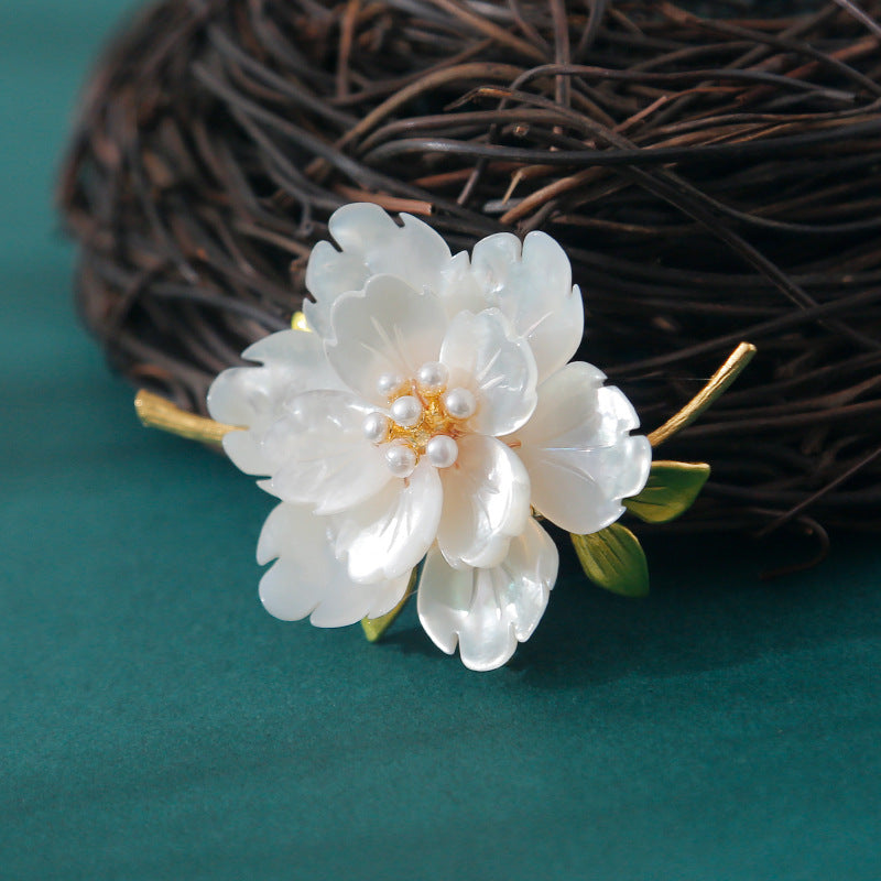 Mother-of-Pearl and Pearl Gold-Plated Brooch