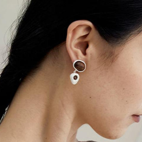 Vintage Silver Inlaid Wooden Geometric Earrings