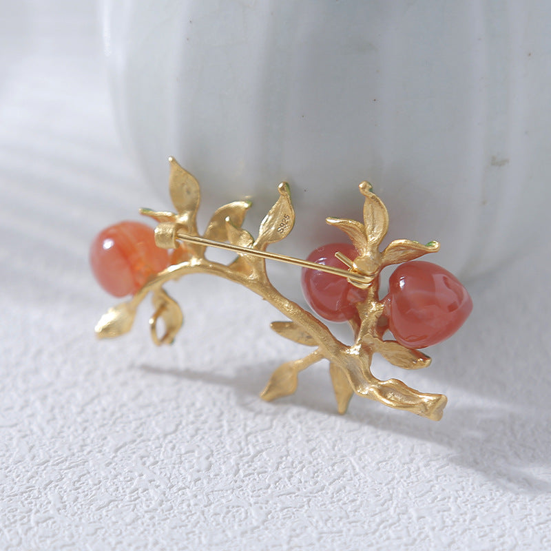 Vintage Silver Branch Agate Peach Brooch