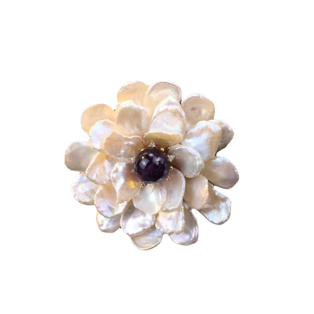 Handmade Baroque Pearl and Amethyst Floral Brooch