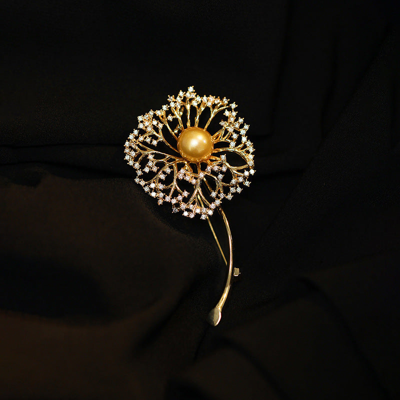 Dandelion Pearl and Zircon Brooch