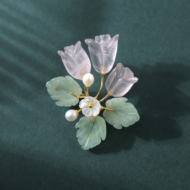 Crystal Pearl Jade Crape Myrtle Flower Brooch