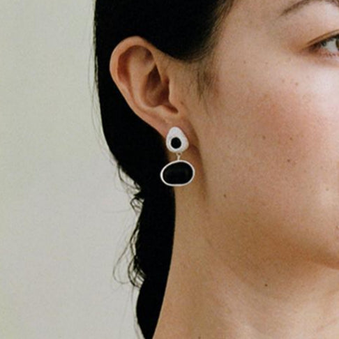 Vintage Silver Inlaid Wooden Geometric Earrings