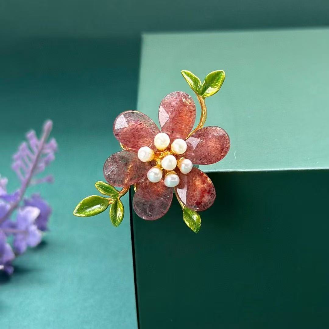 Pink Crystal Pearl Flower Brooch